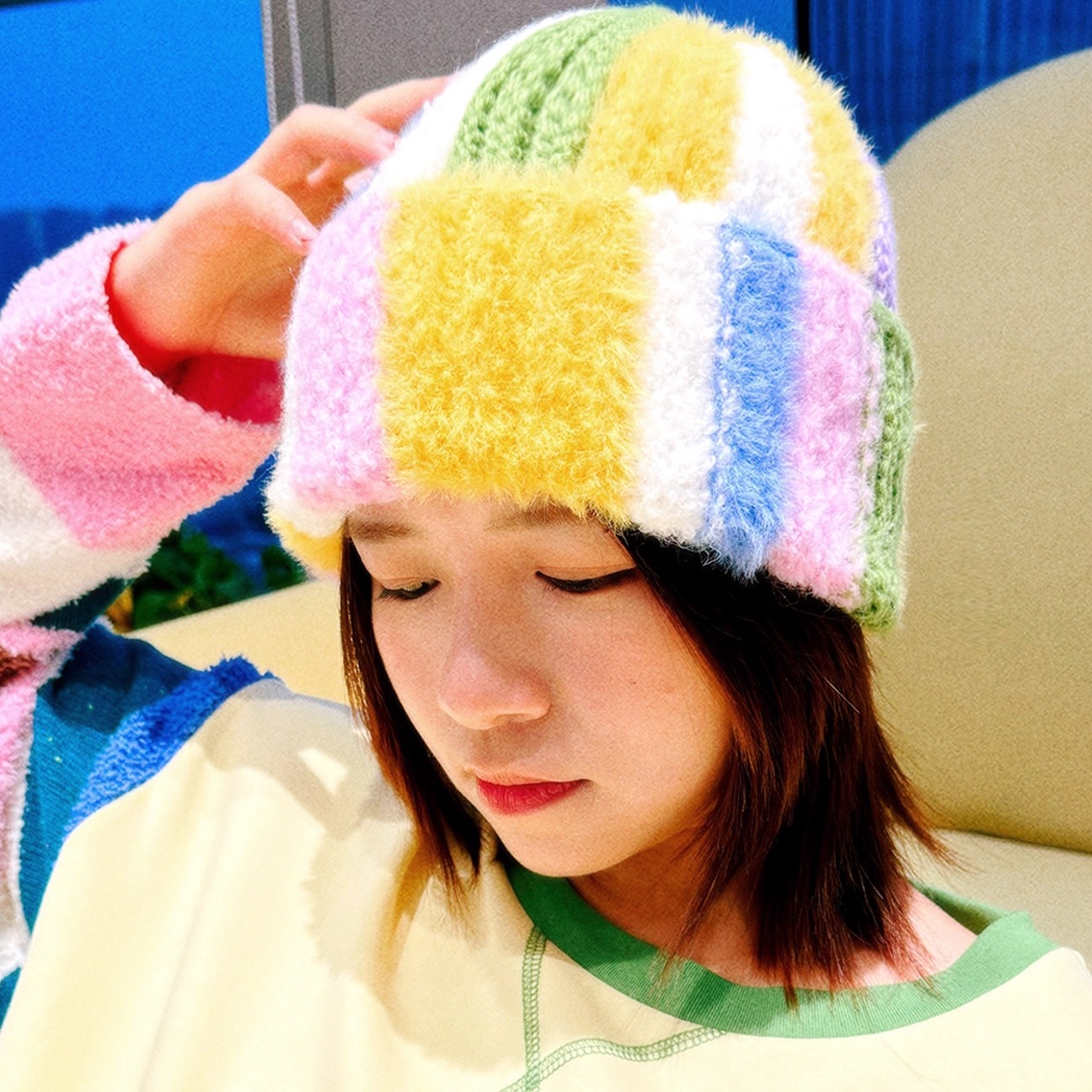 uodycoco2025新款冬季针织帽条纹