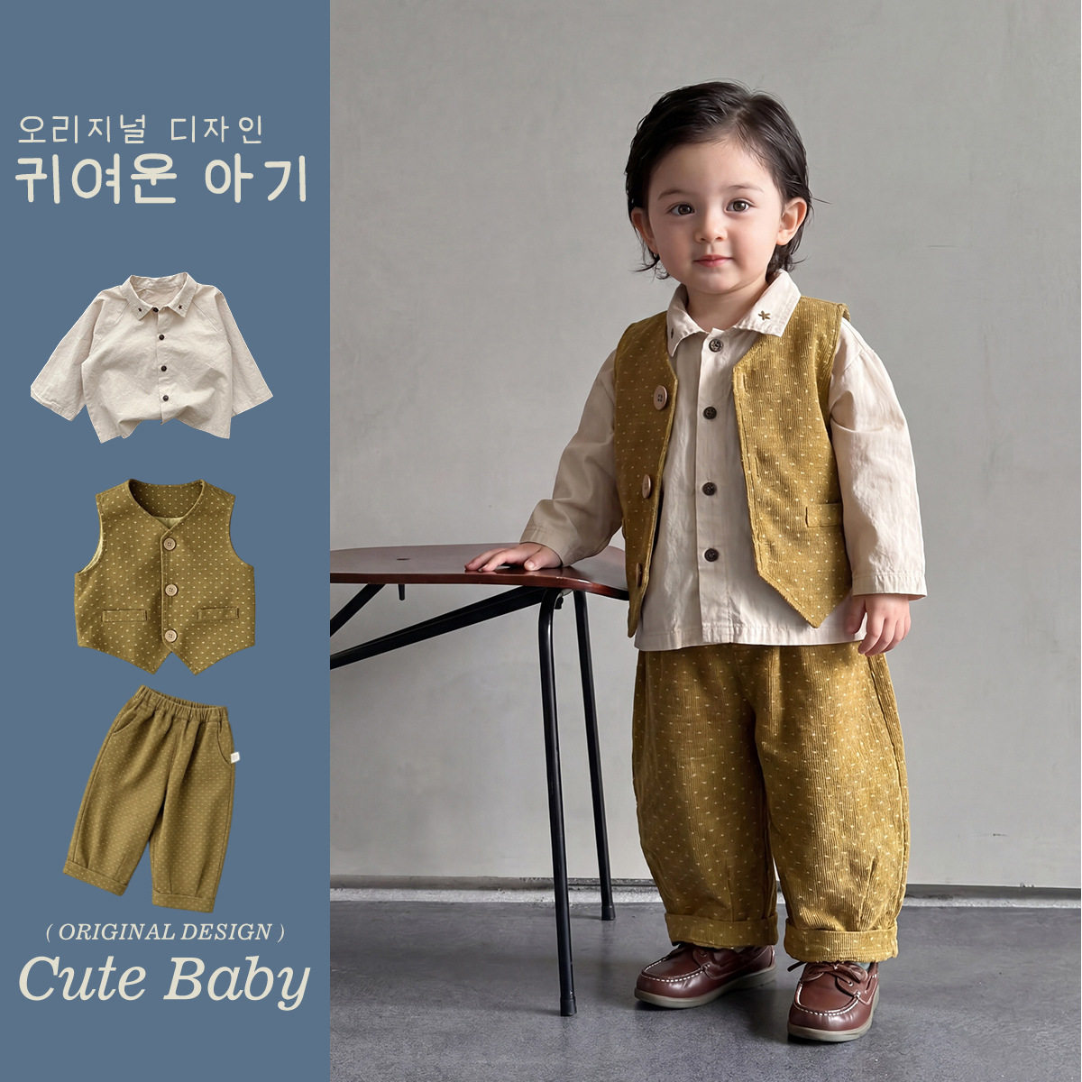 Cute baby男童秋季老钱风套装韩系风衬衫小男孩洋气波点马甲