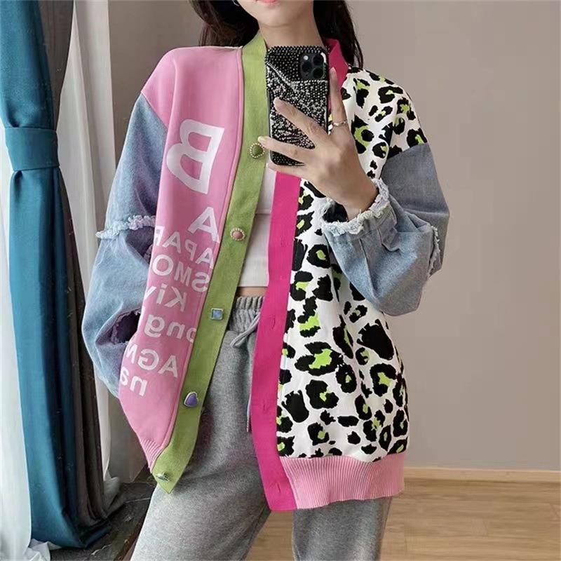 毛衣女牛仔拼接豹纹提花秋冬新款欧美风撞色宽松慵懒针织开衫外套