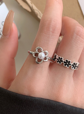黑色做旧开口可调节花朵戒指女款复古甜美个性食指戒小众设计指环