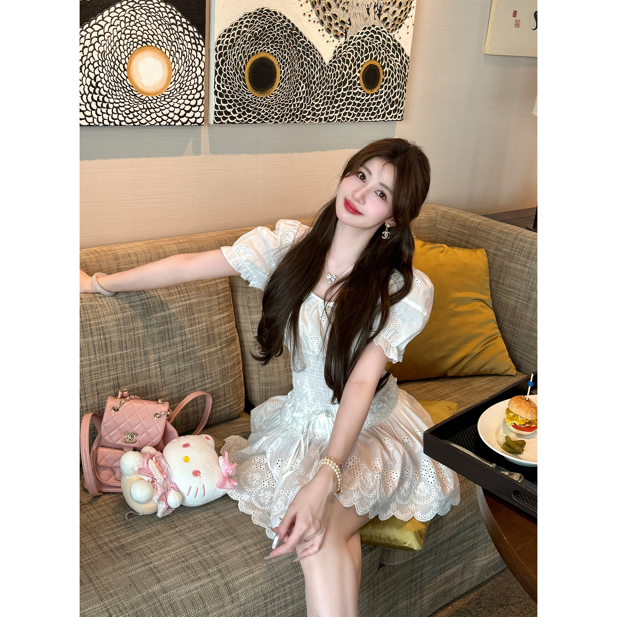 GA盈瓷【莫奈少女】新中式棉布镂空刺绣上衣蝴蝶结打缆泡泡袖衬衫