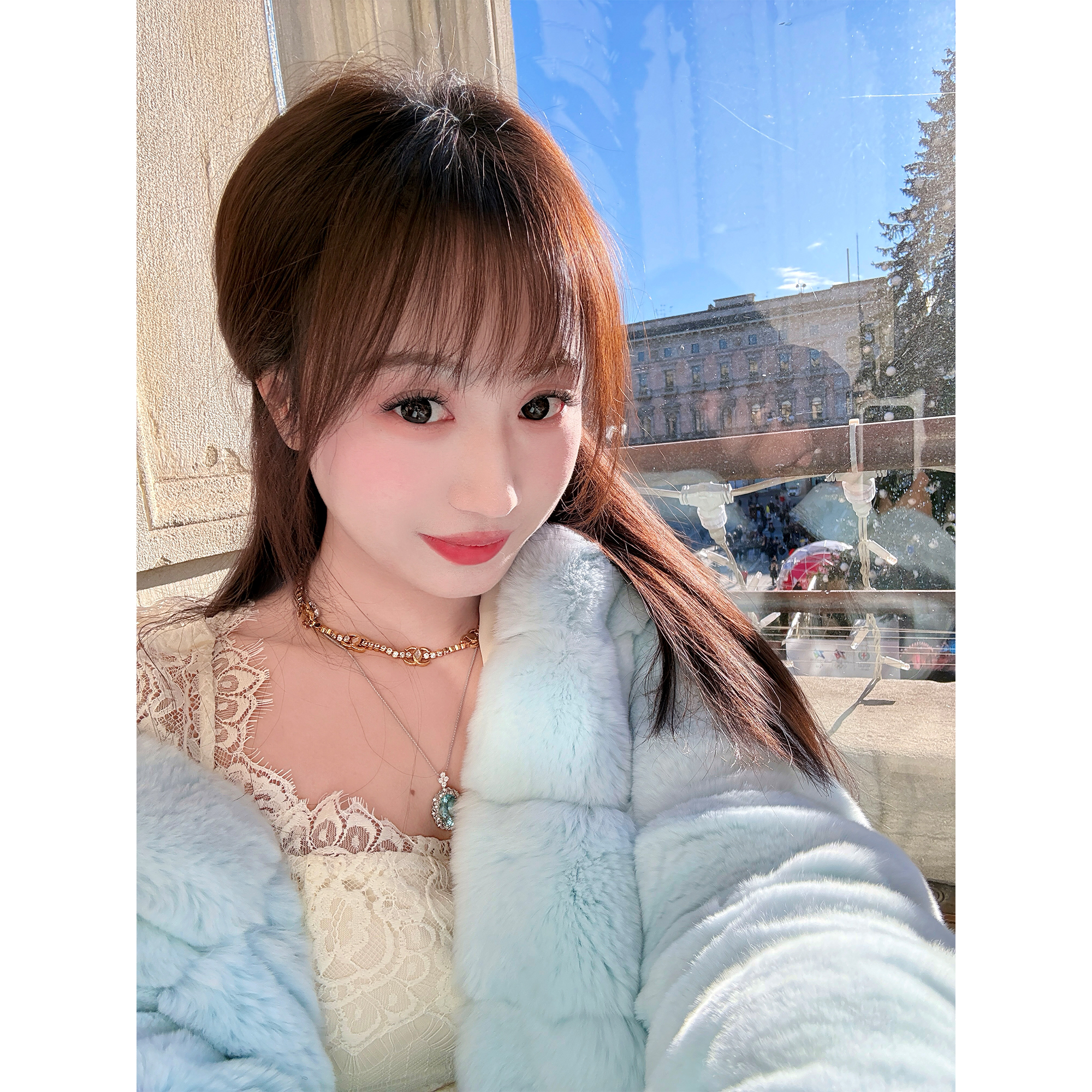 GA盈瓷【仙仙冰蓝】冬季新品百搭显瘦进口獭兔毛连帽兔毛皮草外套