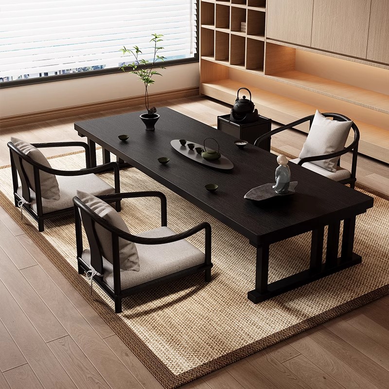 日式禅意榻榻米实木茶桌茶台茶几家用地台坐地飘窗炕桌黑色矮长桌
