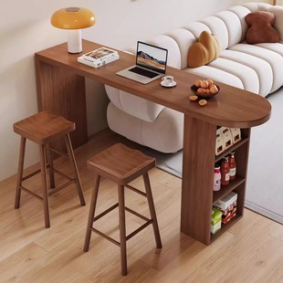 小户型实木吧台桌家用客厅靠墙高脚储物书桌一体桌现代简约办公桌