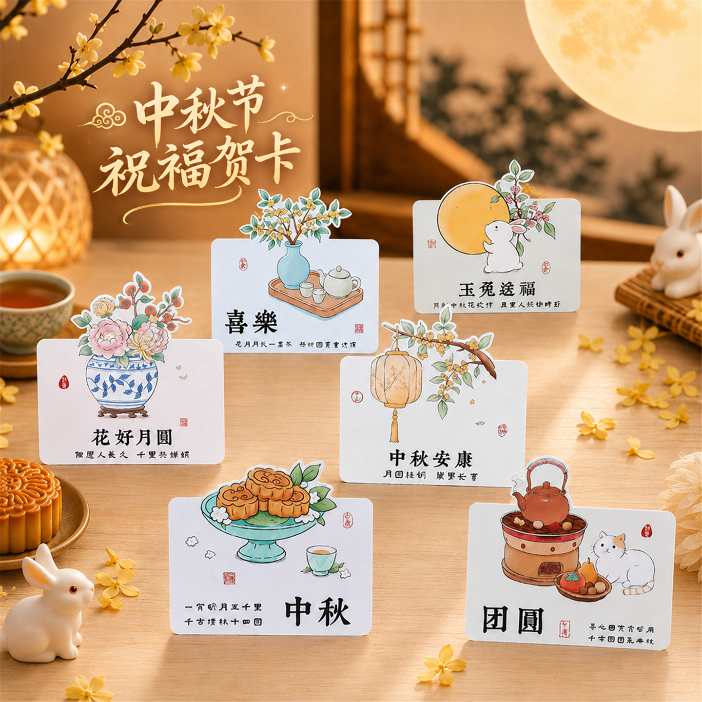 中秋节贺卡手写信月饼伴手礼物留言卡装饰祝福卡感恩感谢卡明信片