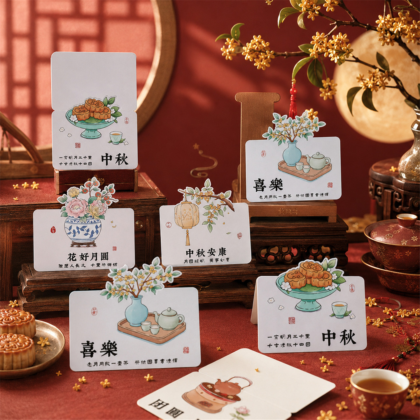 中秋节快乐贺卡中国风贺卡高档中式花好月圆月饼礼盒高级感手写祝福留言卡公司送客户过节礼品创意简约小卡片