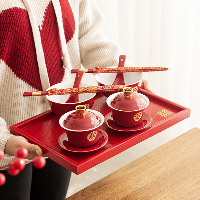 唐洁国潮风敬茶喜碗套装 高档改口喜杯红色婚碗 新人对碗陪嫁用品