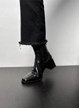 黑色粗跟短靴女套筒方头通勤切尔西靴全皮2025秋冬新款高跟弹力靴