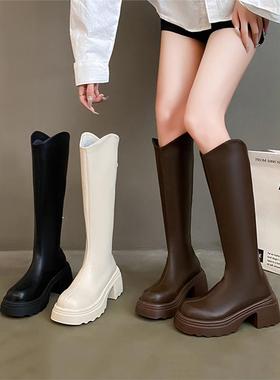 厚底长筒靴女春秋2025新款时尚百搭长靴黑色骑士靴小个子增高女靴