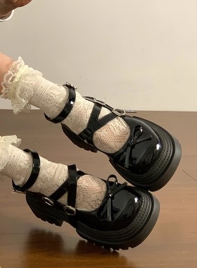 黑色厚底增高小皮鞋女2025春夏新款英伦风复古圆头蝴蝶结玛丽珍鞋