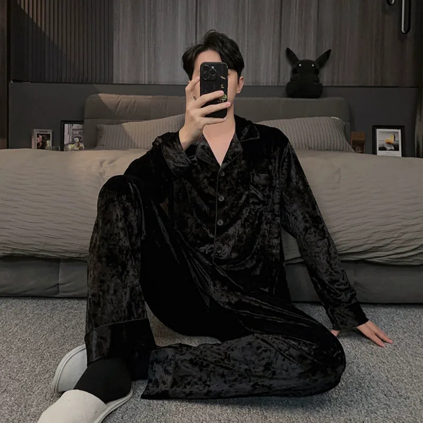 黑色金丝绒男士睡衣套装秋冬款