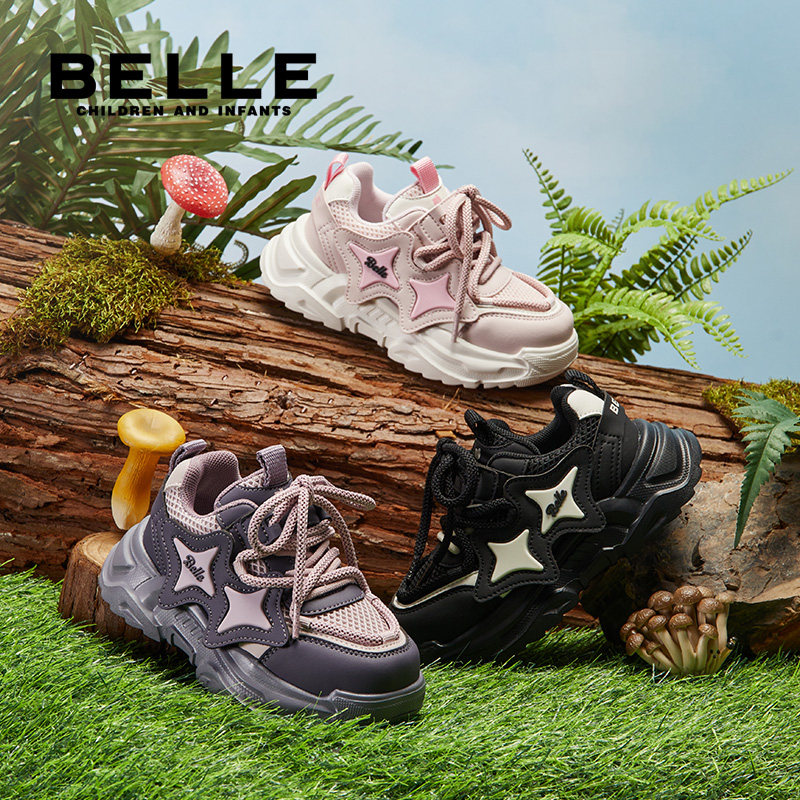 百丽童鞋网面透气户外运动鞋厚底小星星老爹鞋男女童轻便跑步鞋子