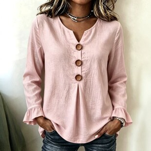 纯色V领荷叶袖木扣宽松休闲上衣衬衫 V-neck wooden button shirt