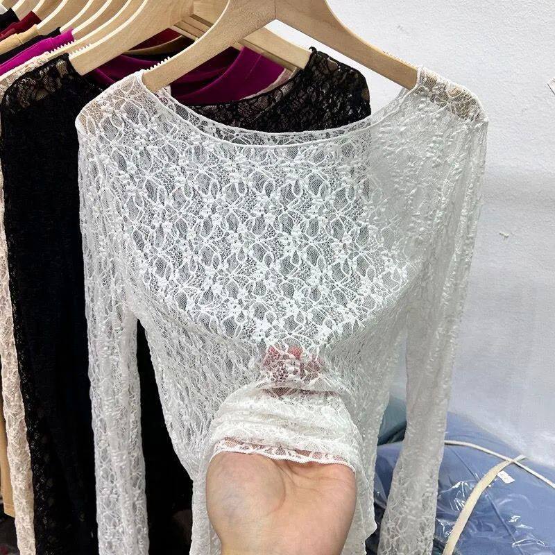 欧美风蕾丝镂空透明修身女士T恤 Female lace hollow transparent