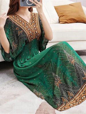 Women's ethnic style V-neckprinted skirt女印花裙子外穿度假风