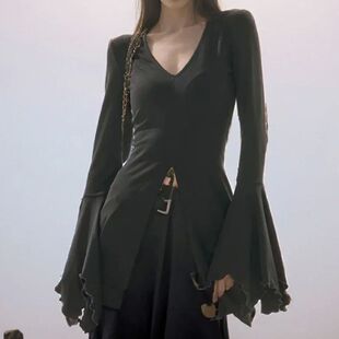 color slim fit 女士纯色修身 sleeve 上衣Solid flared top 喇叭袖