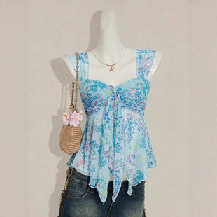 女士欧美风碎花蝴蝶结修身吊带背心上衣Floral bow camisole vest