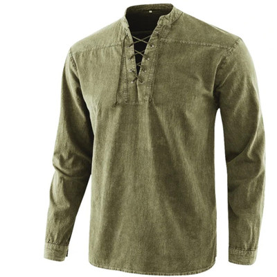 edieval Lace Up V Neck Loose Casual T Shirt For Men Tee Tops