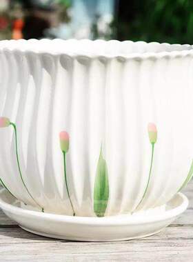 简约花盆陶瓷白色带托盘大号家用绿植绿萝吊兰特价清仓客厅阳台盆