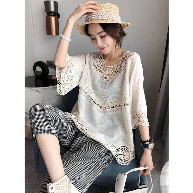 镂空泡泡袖蕾丝小衫女宽松气质纯色衬衫2020夏装欧货潮新款欧洲站