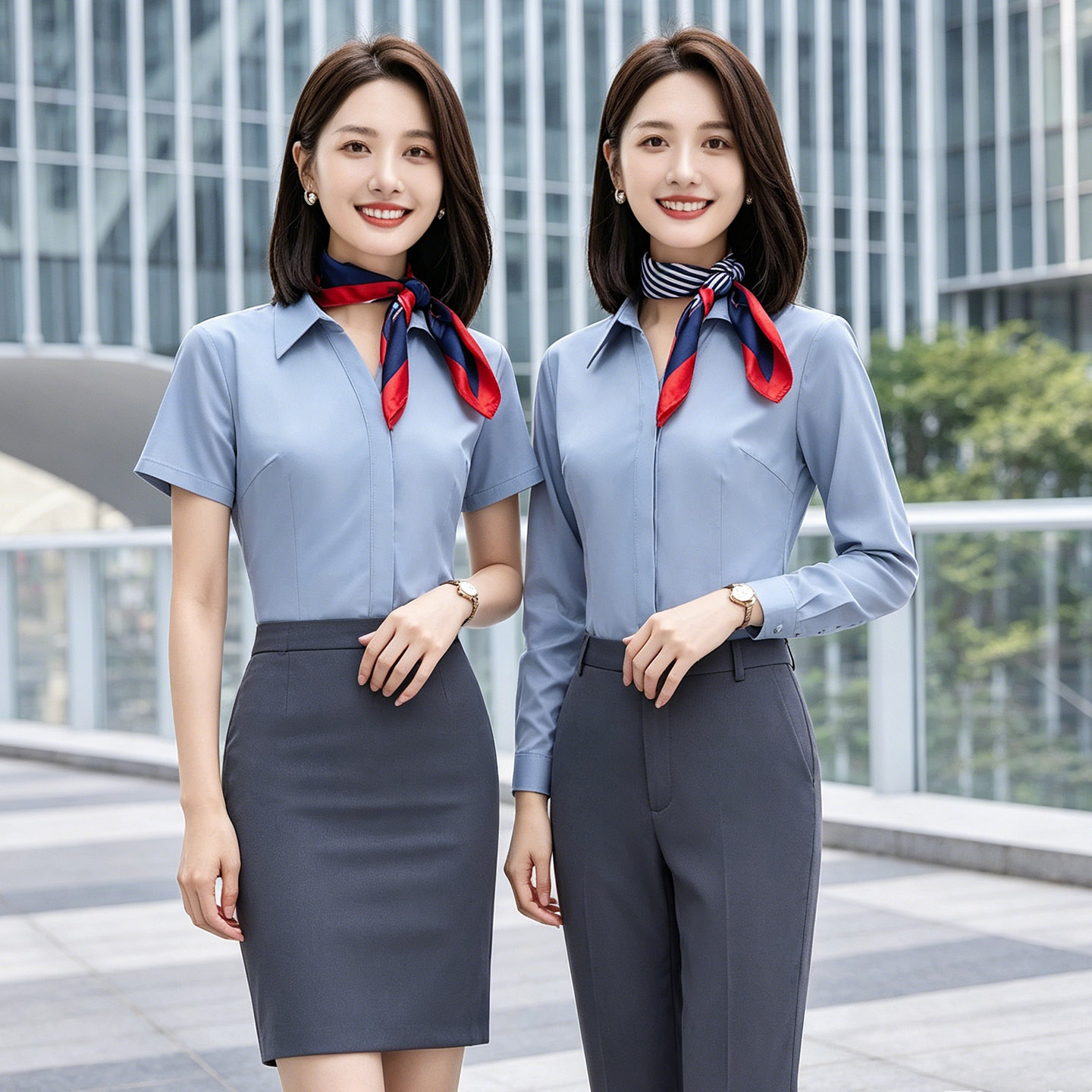 职业装女夏短袖V领衬衫灰色包臀裙套装气质OL通勤免烫抗皱工作服