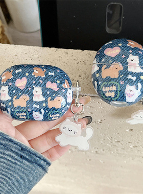 复古蓝色牛仔狗狗适用华为freebudsPro4/Clip耳机壳保护套Freebuds4E/6i/5I软壳SE2/3耳机壳可爱卡通软壳情侣