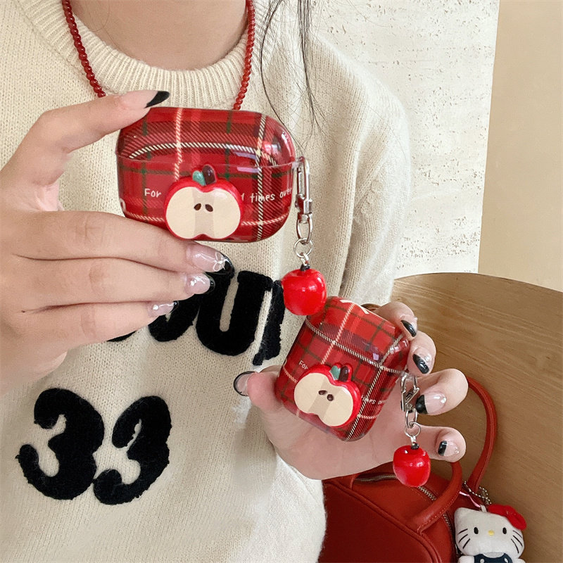 小清新立体苹果红色格纹适用airpods4代耳机套2/3三代airpods Pro第二代保护壳苹果蓝牙耳机套Pro2少女软壳潮