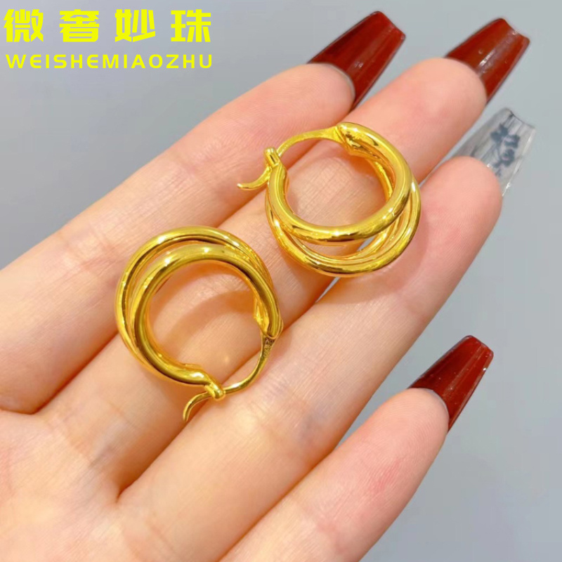 微奢妙珠足金黄金三圈耳环女款