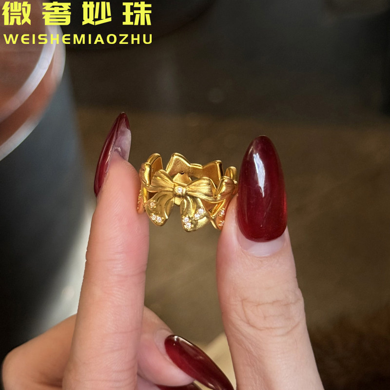 5D硬金黄金蝴蝶结戒指女999足金新款点钻镶嵌指环纯金食指戒送礼