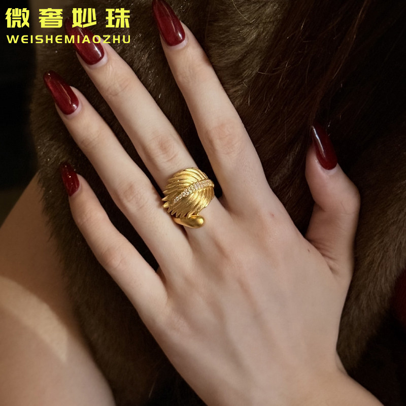 5D硬金羽毛戒指女999足金点钻镶嵌大气新款指环纯金食指戒送老婆