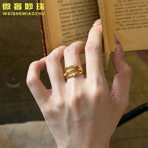 5D硬金黄金三生三世戒指女999足金点钻镶嵌小克重指环食指戒送礼