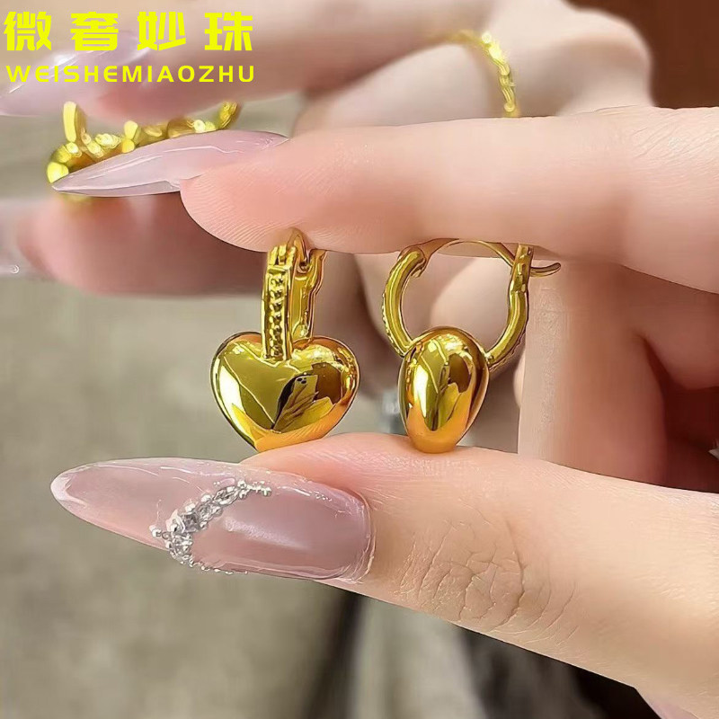 5D硬金黄金爱心耳扣女999足金气质2026新款耳环纯金正品耳饰送礼