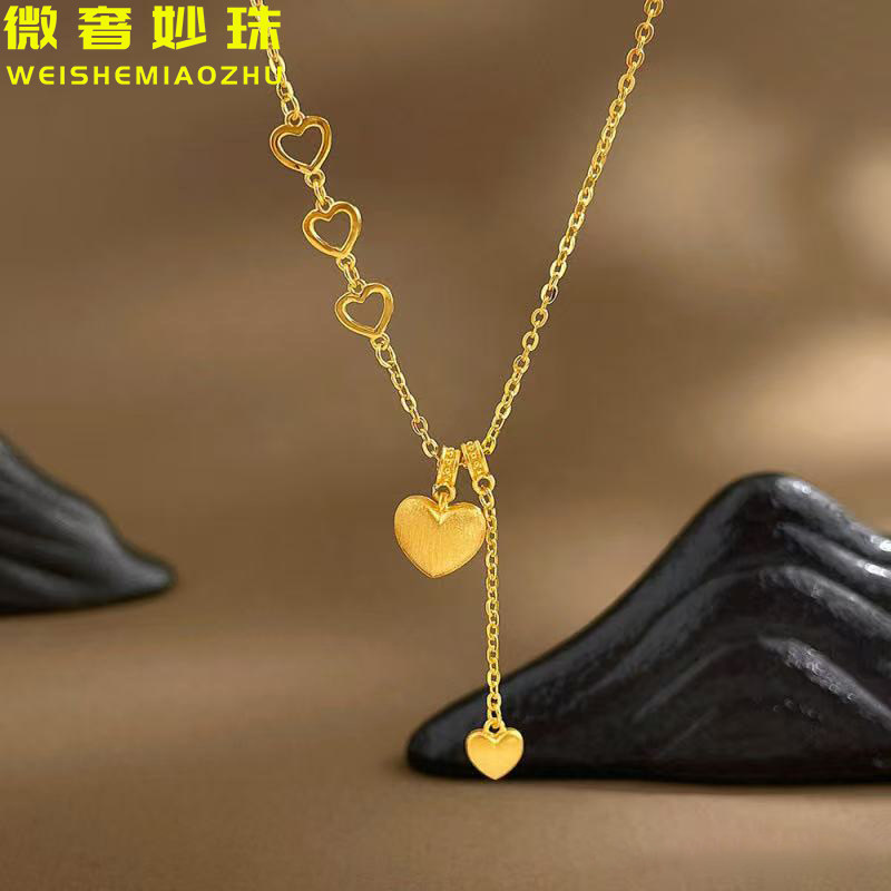 5G黄金爱心项链女999足金气质心心相印女款心形锁骨套链送礼正品