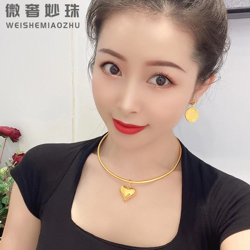 5D硬金黄金新款项圈999足金爱心吊坠纯金ins风小众颈圈送老婆礼物