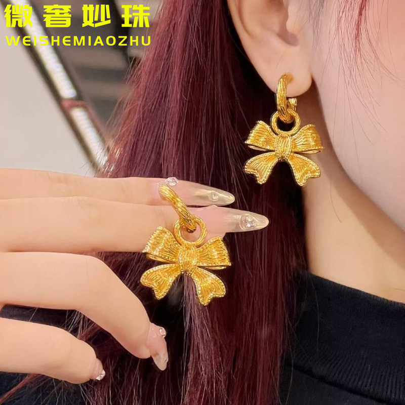5D硬金黄金蝴蝶结耳环女999足金ins风法式大气耳钉纯金耳饰送女友,黄金,耳饰,淘宝优惠券,粉丝福利购,淘宝优惠卷