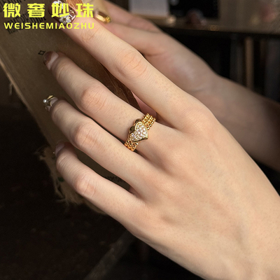 5D硬金黄金爱心戒指女999足金连珠镶嵌桃心心形纯金指环送礼百搭