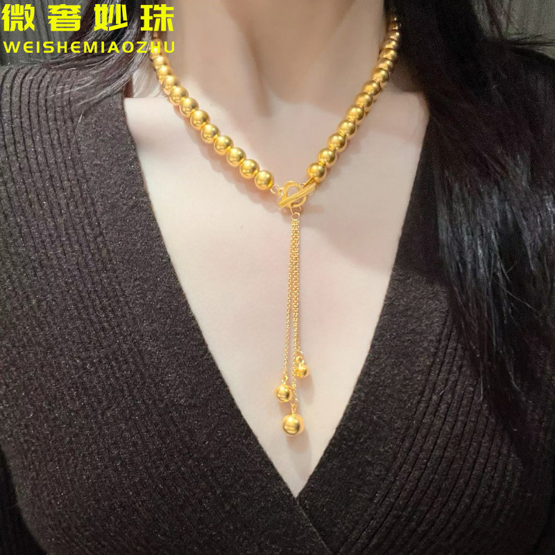5D硬金黄金金珠串珠项链女999足金新款流苏气质珠珠项链送礼正品