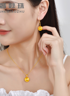 999足金光珠吊坠24K纯金时尚圆珠耳环5D硬金黄金锁骨链金珠项链女