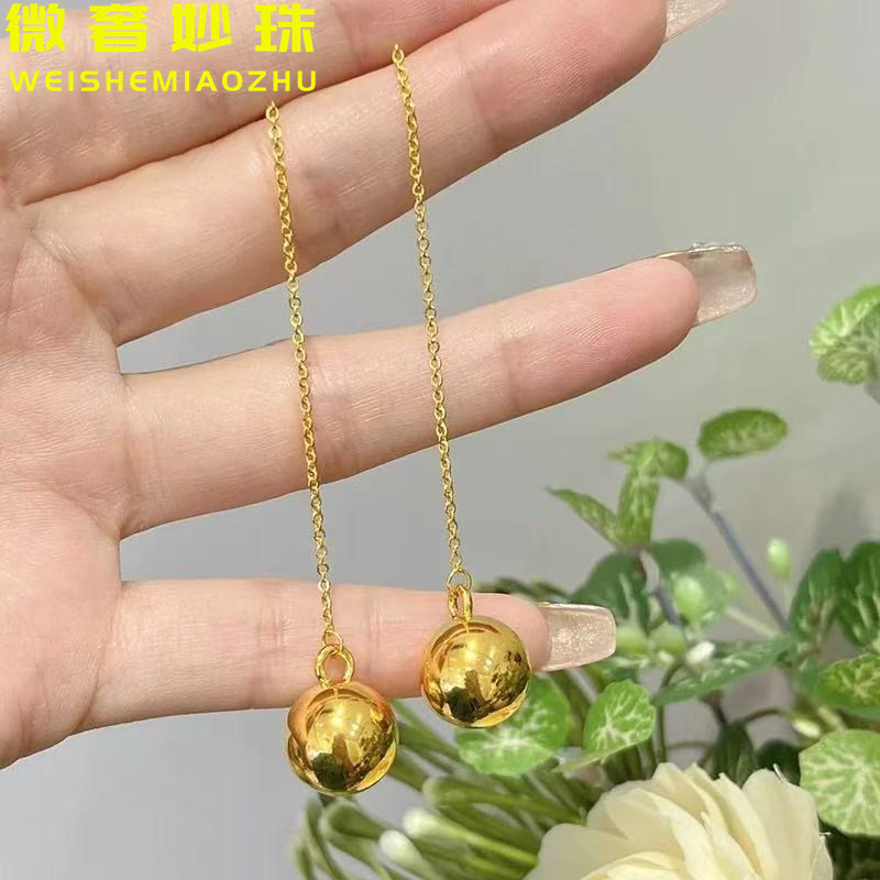 5D硬金黄金球球耳线女999足金光珠金珠流苏耳环纯金百搭耳饰送礼