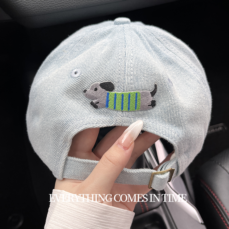 刺绣小狗浅牛仔蓝棒球帽显脸小