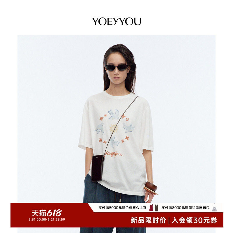YOEYYOU宽松圆领短袖T恤2026夏季新款复古图腾印花百搭白色上衣女