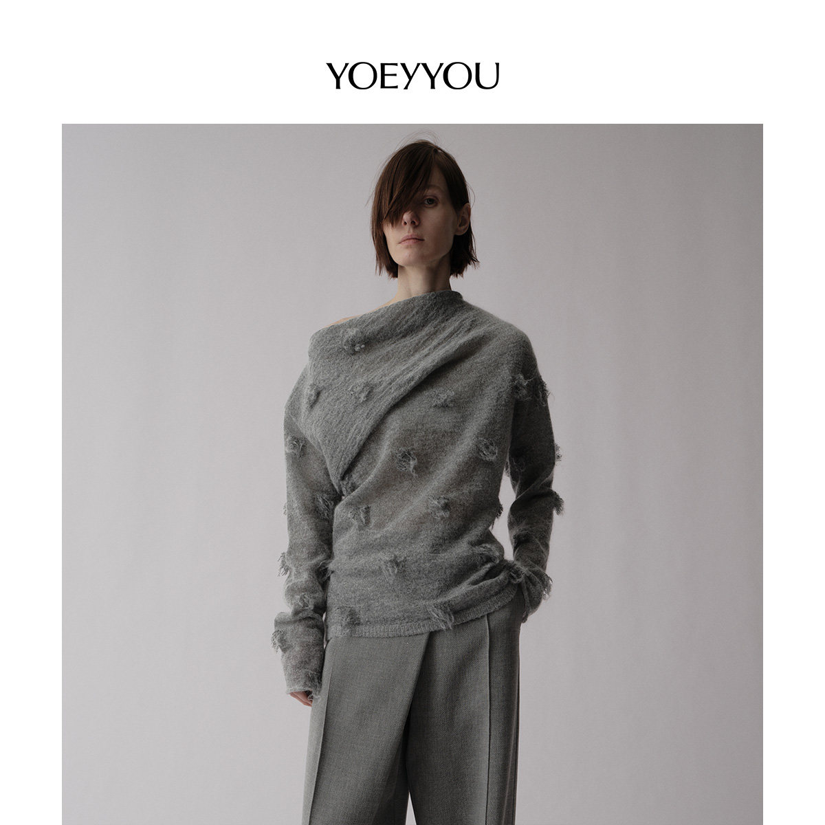 YOEYYOU立体肌理毛织上衣秋季新款设计感松弛感翻折搭片针织衫