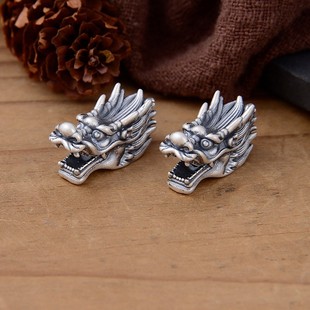 S999足银龙头龙首大孔隔珠 国风3D硬银生肖龙手串配件DIY编绳材料