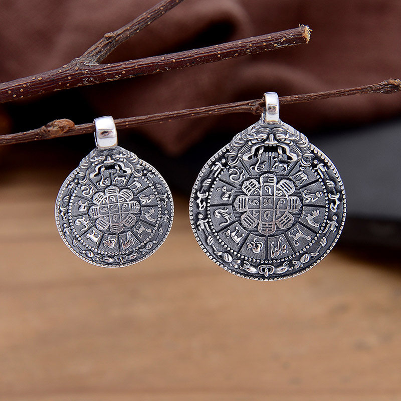 S925纯银九宫八卦精工吊件 复古做旧十二生肖吞金兽手链项链挂坠