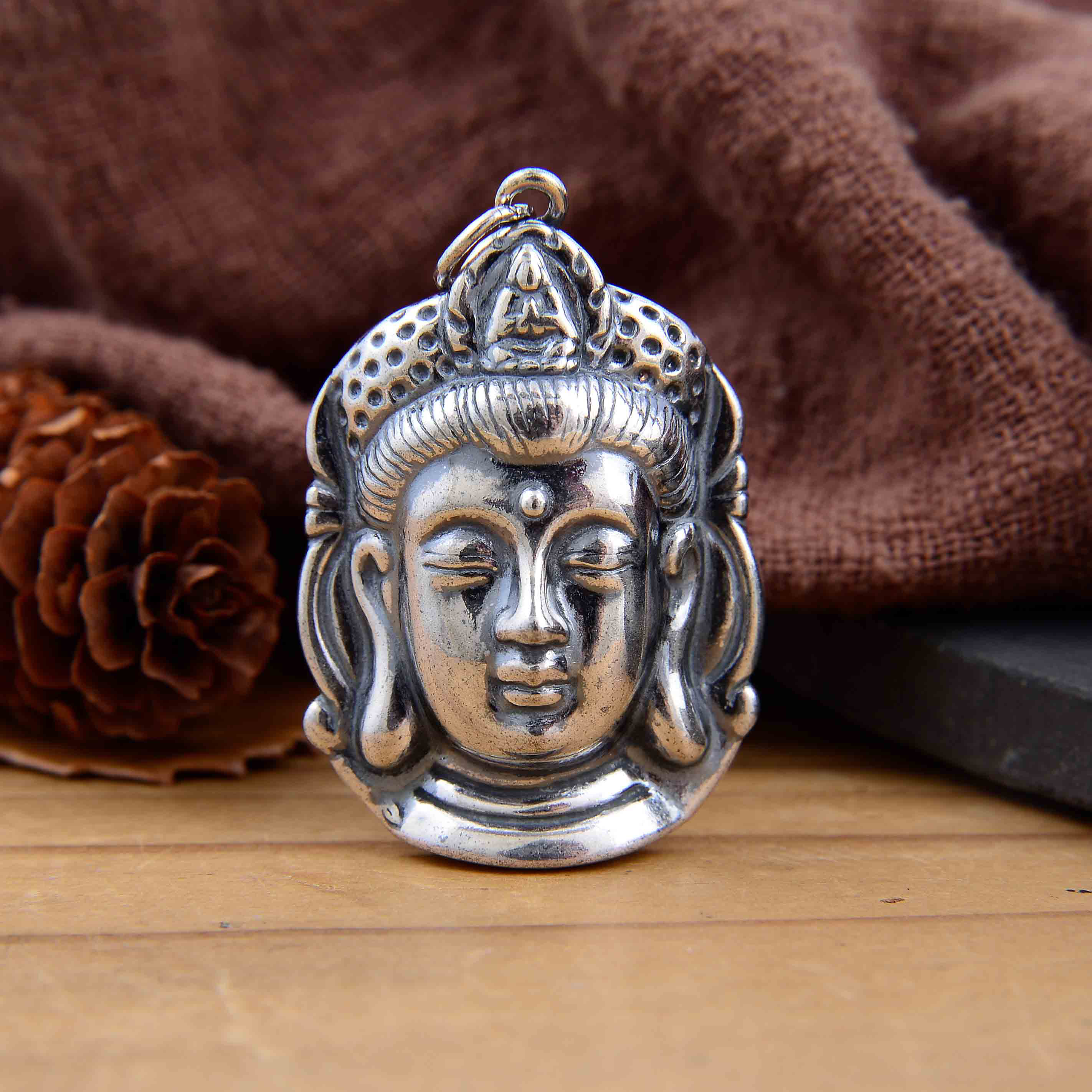 足银999佛头荷叶无钢印吊坠