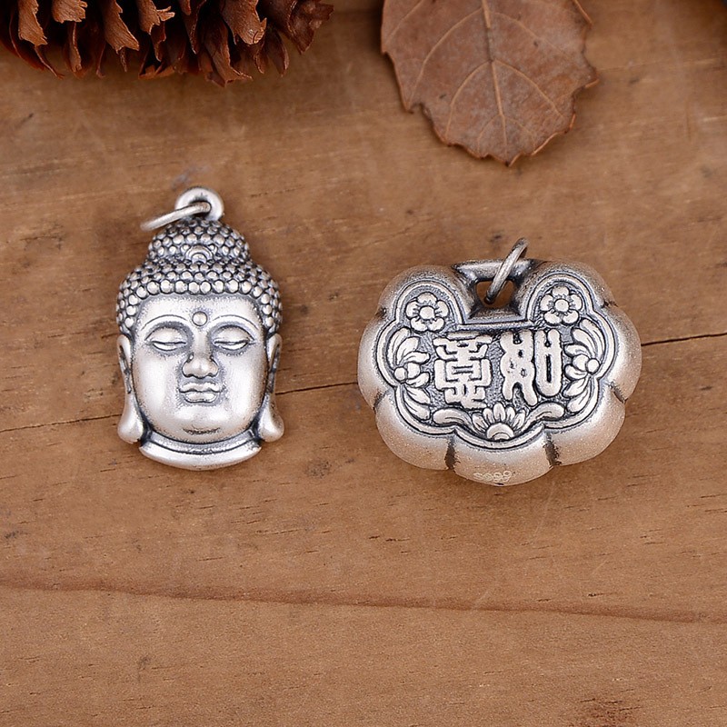 S999足银佛头如意锁挂件