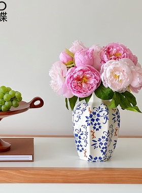 覆古青花瓷陶瓷花瓶芍药客厅餐桌面摆件干燥花艺插花器装饰品新中