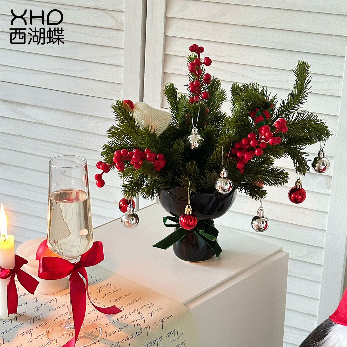 圣诞装饰品仿真花艺插花瓶摆件
