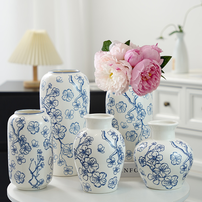新中式青花瓷花瓶手绘陶瓷水养鲜花芍药绿植轻奢高级感客厅摆件