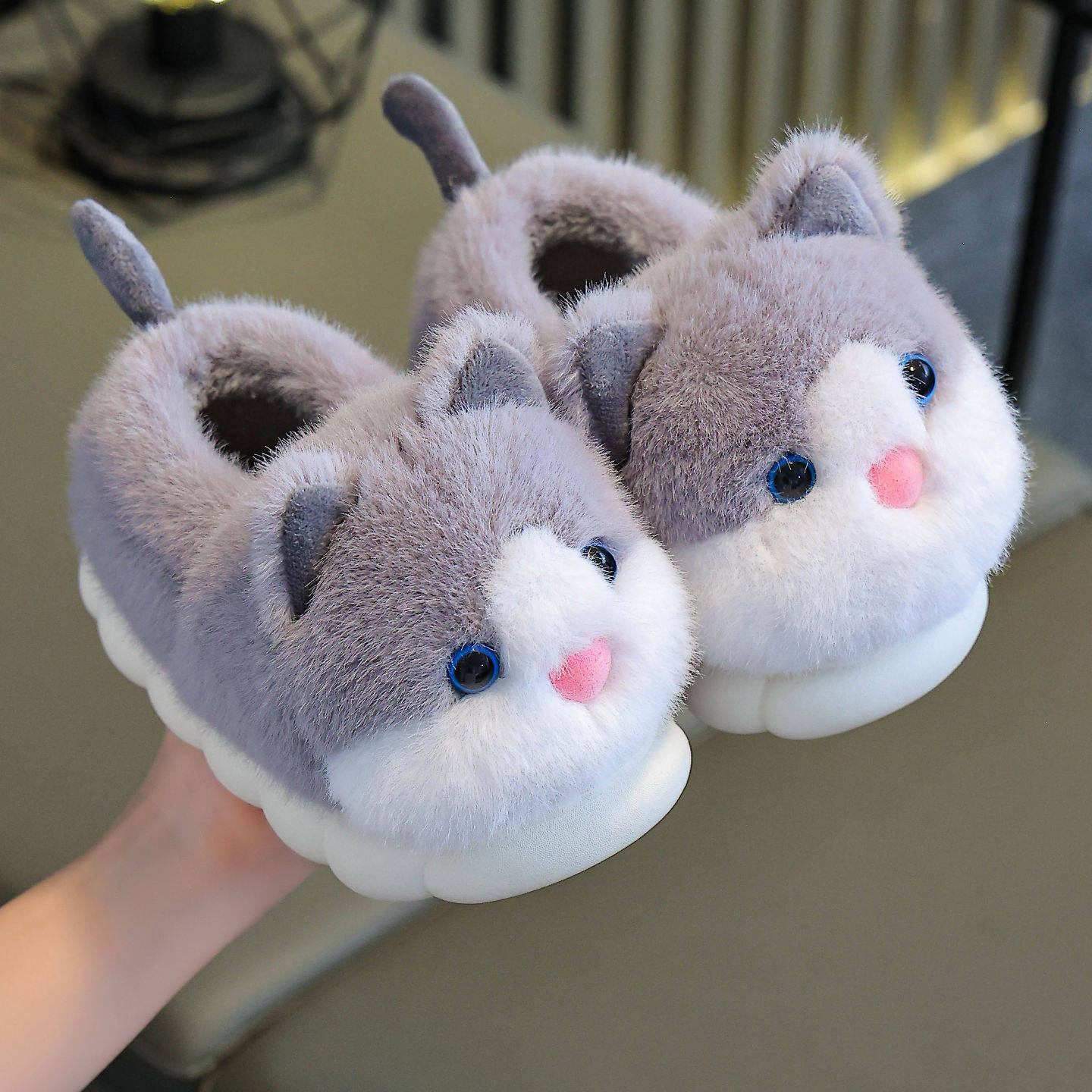 冬季新款可爱猫咪儿童棉拖鞋男孩厚底防滑包跟保暖宝宝女室内毛拖